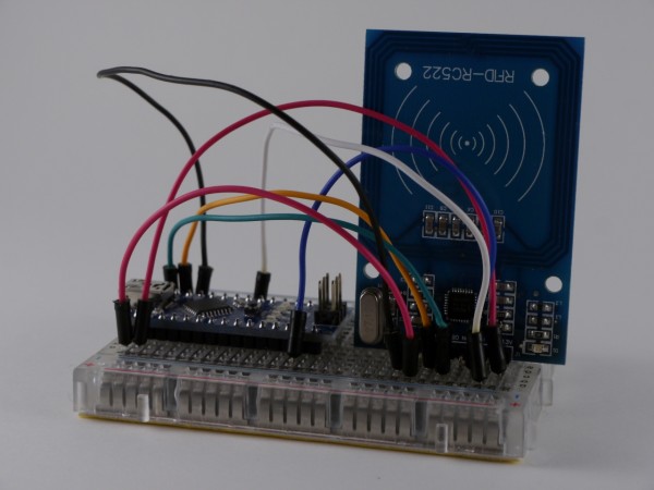 Arduino Nano and MFRC522 RFID reader on a breadboard